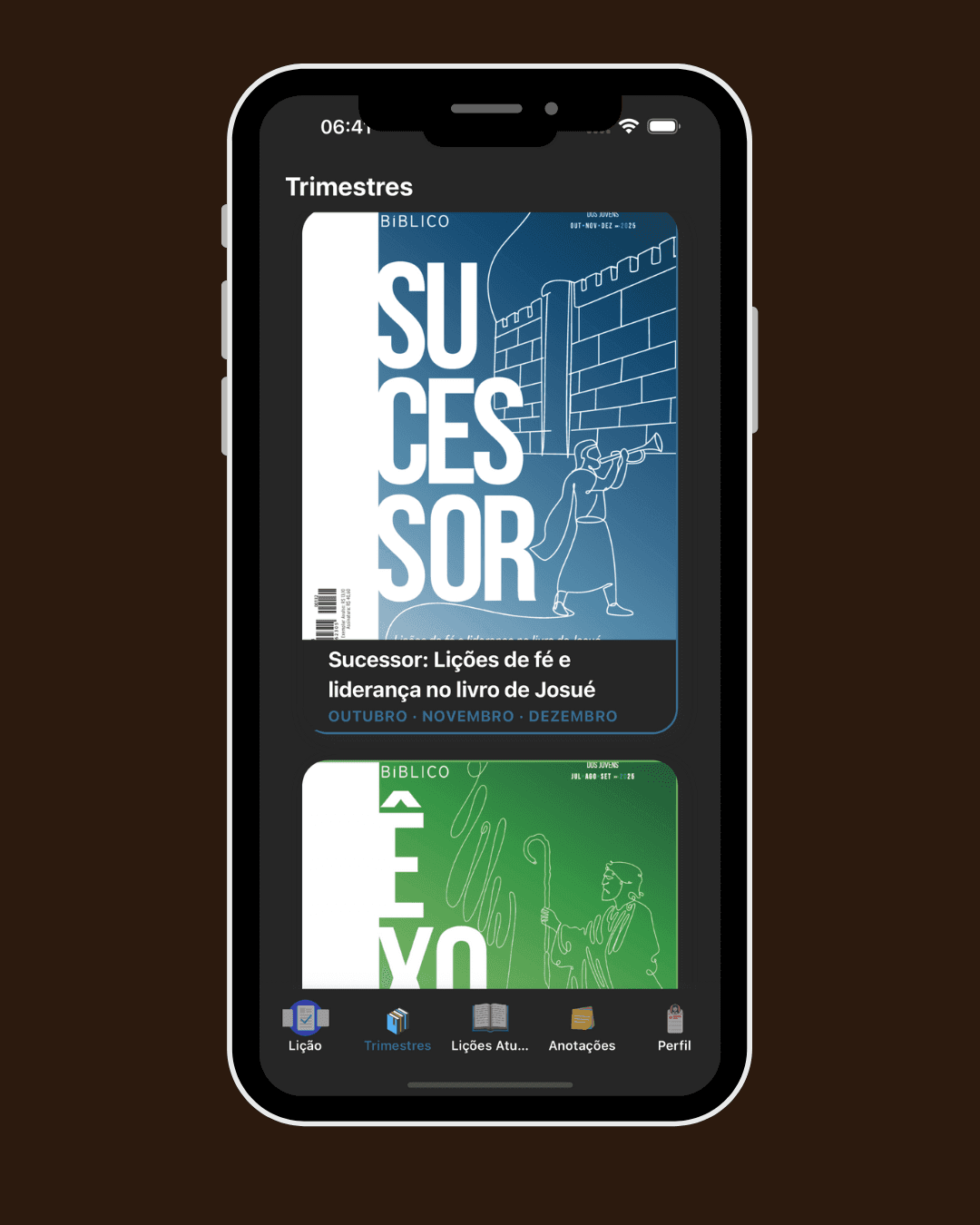 Lista de trimestres do BibleWay com capas, período e status.